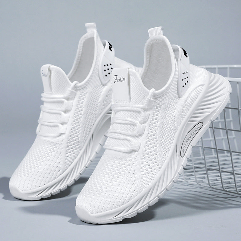 White Flyknit Soft Sole Running Shoes for Women, Summer New Versatile Lightweight Sneakers, Breathable Casual Sports Shoes