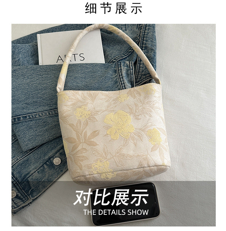 Lady's New Chinese Style Starlight Dream Tote Bag Black Shoulder Bag Embroidered Flower Vintage Handbag