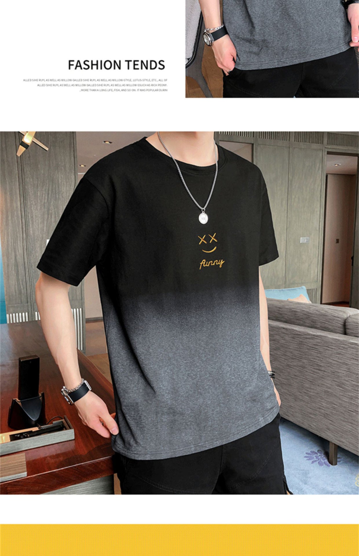Leisure t Trendy Slim Fit T-Shirt Round Neck Gradient Print Short Sleeve Top T Men's Trendy Versatile Shirt ins Wind