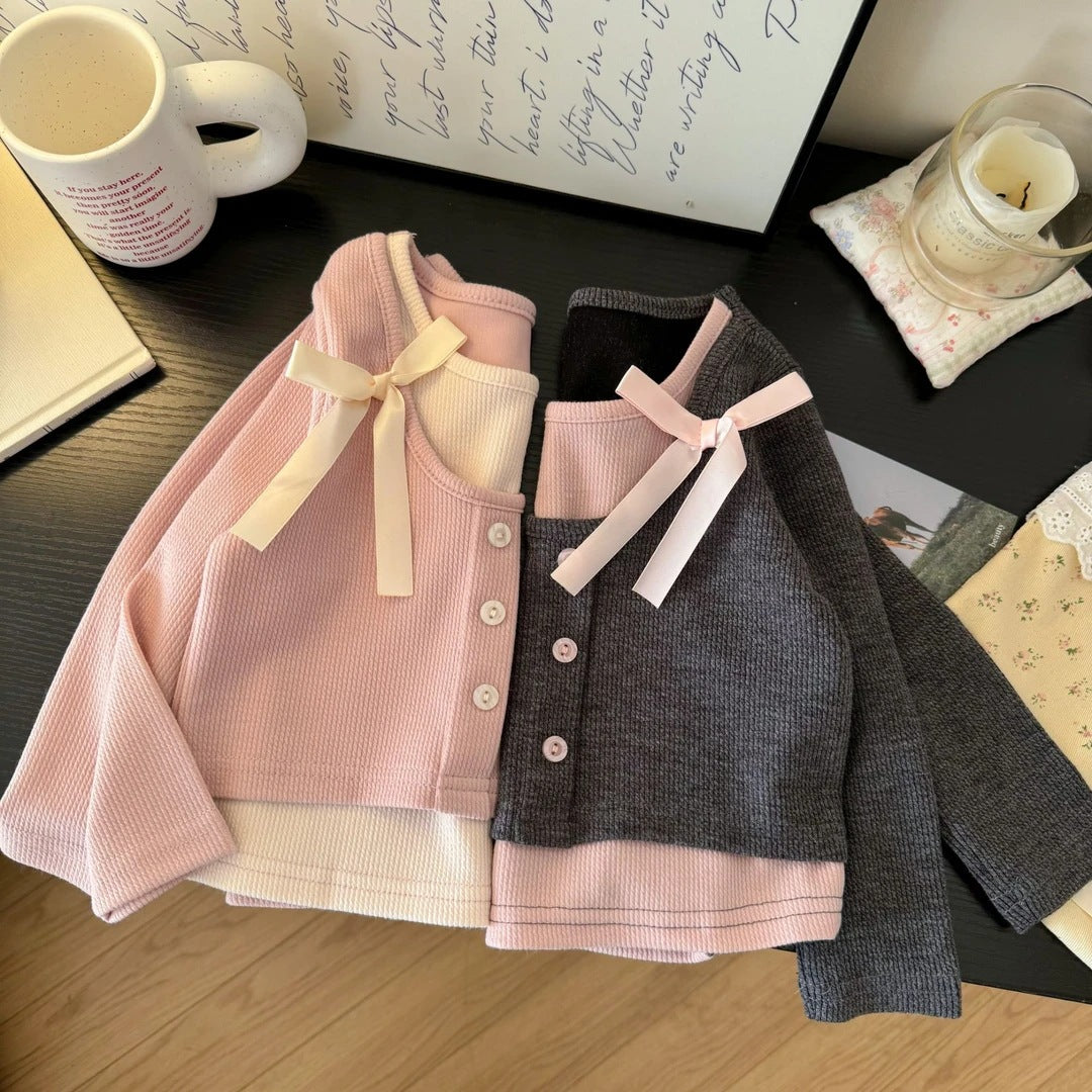 Sweet Little Girl's Sweet and Versatile Fake Two-Piece T Shirt Top25Spring New Korean Style Children's Fashionable Base Shirt