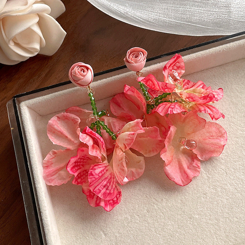 Resort Style Silver Needle Fabric Flower Tassel Earrings High-End Fashion Earrings Bohemian Sweet Exaggerated Ear Jewelry