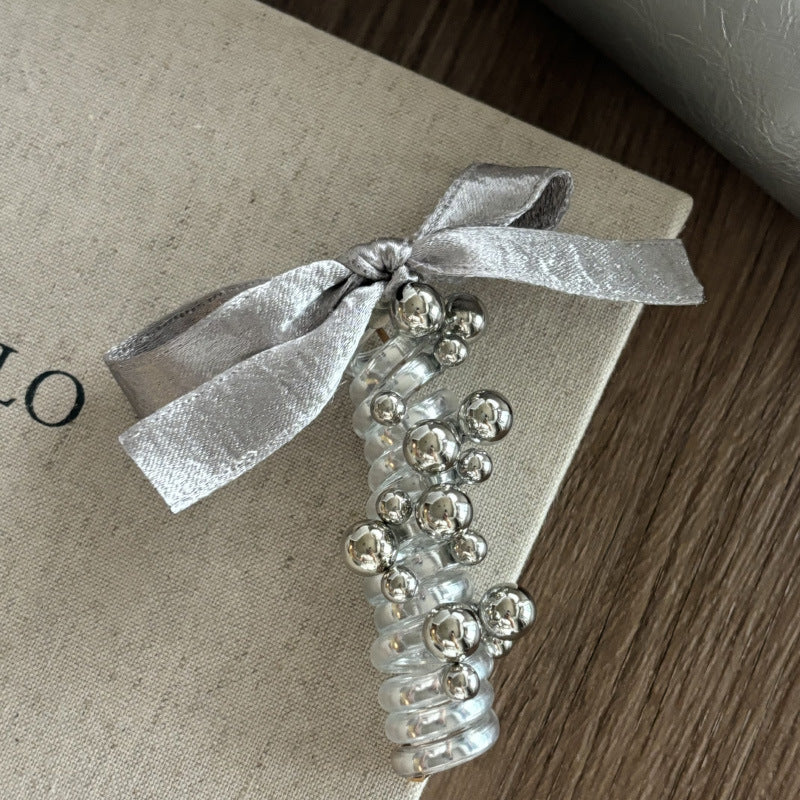 Korean Style Silver Bow Hair Tie Beaded Telephone Wire Hair Rope Ponytail Holder Sweet Bubble Braid Hair Styling Tool