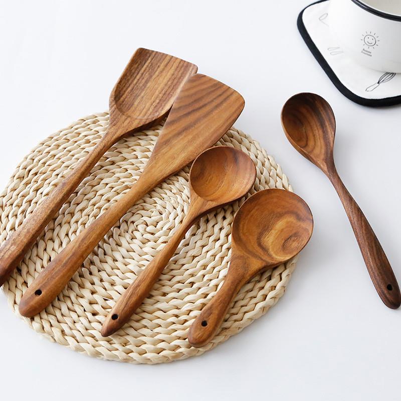 Acacia Wood Spatula Teak Wood Spatula and Spoon Set Solid Wood Household Cooking Spoon Strainer Spoon Small Leaf Three-Line Frying Spatula In Stock