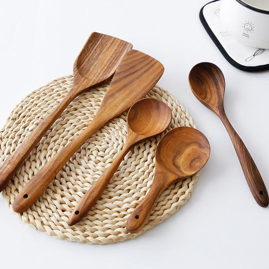 Acacia Wood Spatula Teak Wood Spatula and Spoon Set Solid Wood Household Cooking Spoon Strainer Spoon Small Leaf Three-Line Frying Spatula In Stock