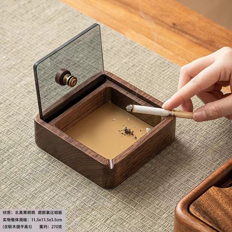 Walnut Ashtray for Home Living Room with Lid, Anti-Fly Ash, Stainless Steel Inner Liner, Creative Office Quality Ashtray