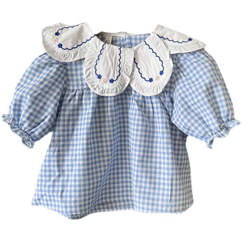 2025Autumn Children's Clothing Girls' Puff Sleeve Shirt Stylish Blue Plaid Baby Doll Long Sleeve Top
