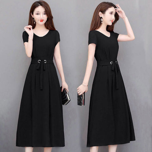 Cross-Border Hot-Selling Trendy Plus Size Loose Dress Short Sleeve Summer Mid-Length Belted Slimming Solid Color A