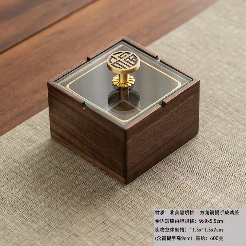 Walnut Ashtray for Home Living Room with Lid, Anti-Fly Ash, Stainless Steel Inner Liner, Creative Office Quality Ashtray