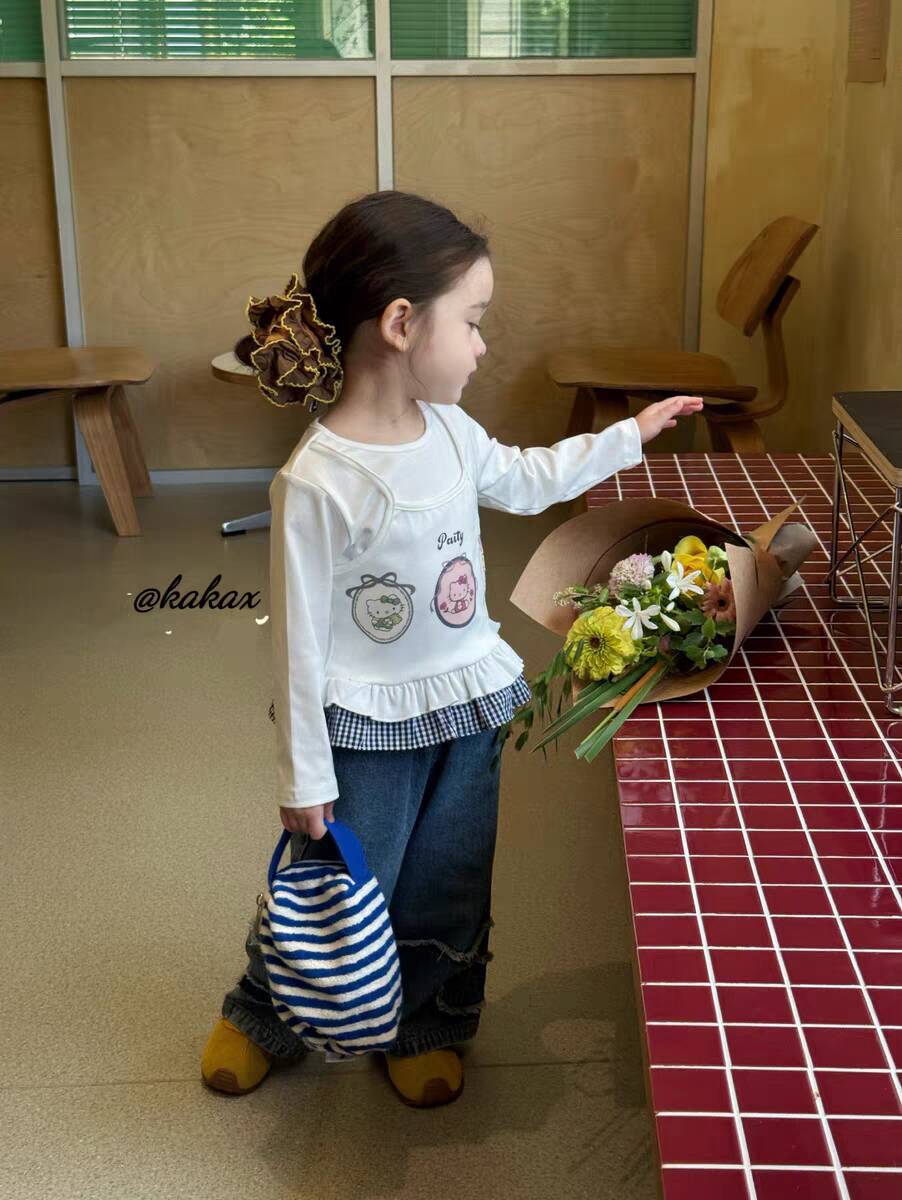 Sweet Little Girl Autumn Long Sleeve Outfit T New Korean Style Fashionable Baby Girl Fake Two-Piece Lace Base Shirt Top