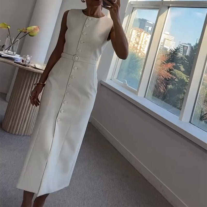 2025Summer New European and American Amazon Cross-Border Women's Solid Color Round Neck Sleeveless Single-Breasted Multi-Button Elegant Dress