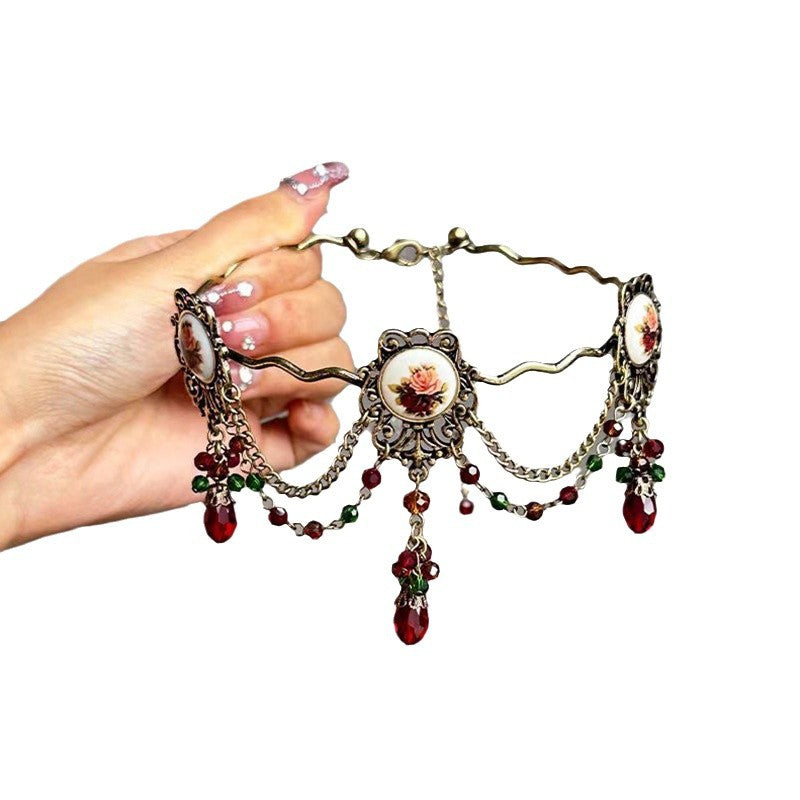 Vintage Court Style Heavy Craft Rose Flower Tassel Necklace Niche High-End Elegant Medieval Personality Style Choker Accessory