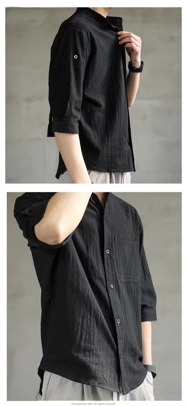 Japanese Retro Stand Collar Short Sleeve Shirt for Men Summer Trendy Brand Style Elegant Men's Shirt Plus Size Three Quarter Sleeve
