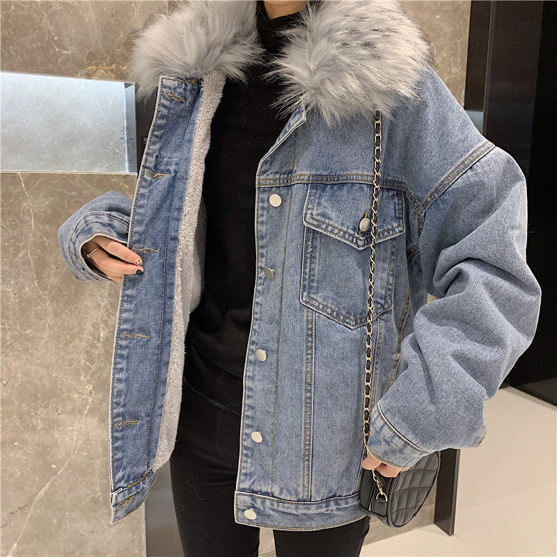 Cross-Border2022Winter New Korean Style Loose Thickened Fleece Rabbit Fur Inner Large Fur Collar Denim Jacket Women's Cotton Coat