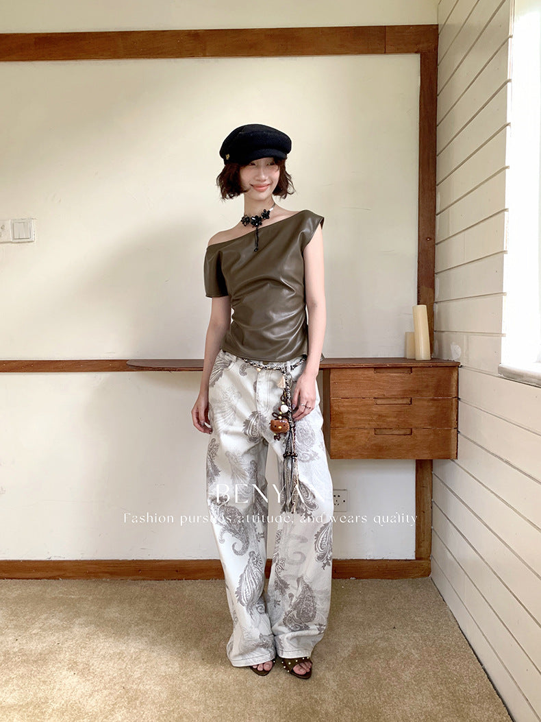 Original text Thirteen Lines Autumn Loose Retro Print Versatile Casual Jeans for Women【Includes Waist Belt】82285