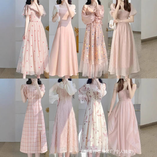 Hangzhou Four Seasons Green Women's Dress2025Summer New French Style Fairy Square Neck Waist-Cinching Sweet First Love Long Dress