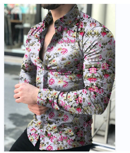 Spring and Autumn Long Sleeve Shirt Cross-Border European and American Printed Shirt Amazon Men's Casual Floral Shirt Slim Fit Shirt for Men