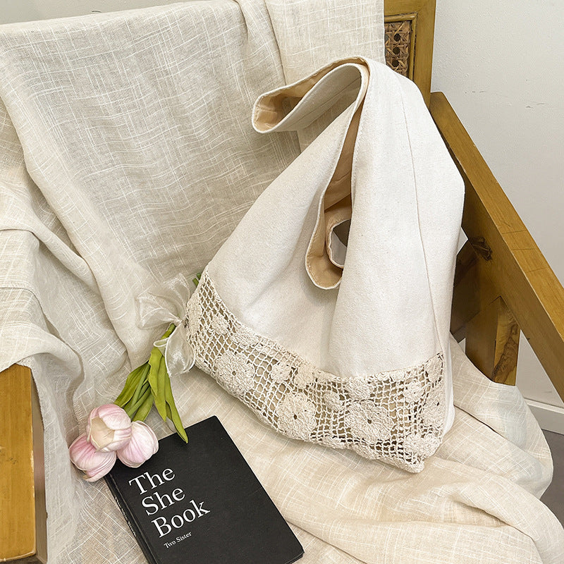 Design Summer Vacation Style Large Capacity Beach Bag Niche Lace Canvas Underarm Bag Women's Floral Single Shoulder Tote Bag