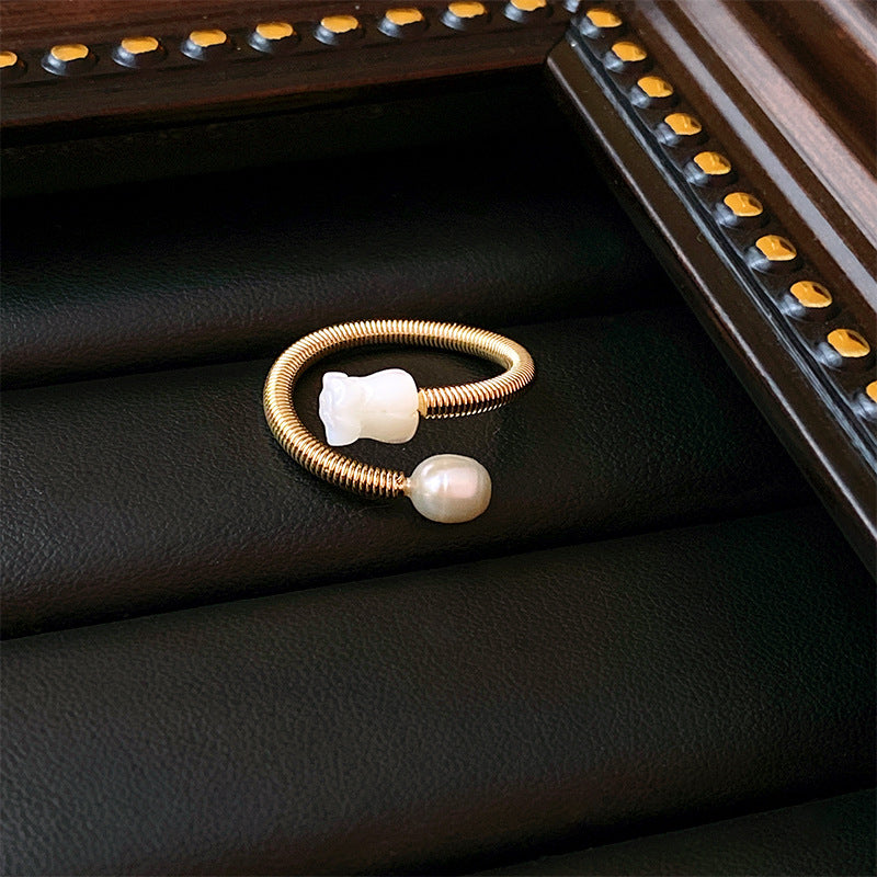 Real Gold Plated Baroque Pearl Tulip Flower Open Ring Korean Fresh Sweet Forest Style Light Luxury Jewelry