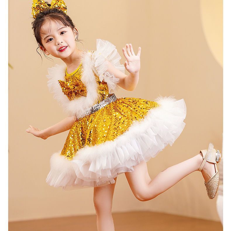 Children's Performance Costume Puffy Skirt for Girls New Sequin Tulle Skirt Kindergarten Dance Princess Dress Performance Costume for Girls
