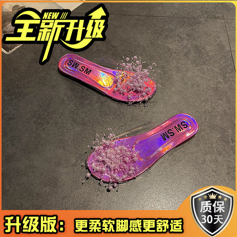 Sparkling Silver Transparent Beaded Closed-Toe Mules for Women2024Summer Internet Celebrity Super Popular Sandals Slippers