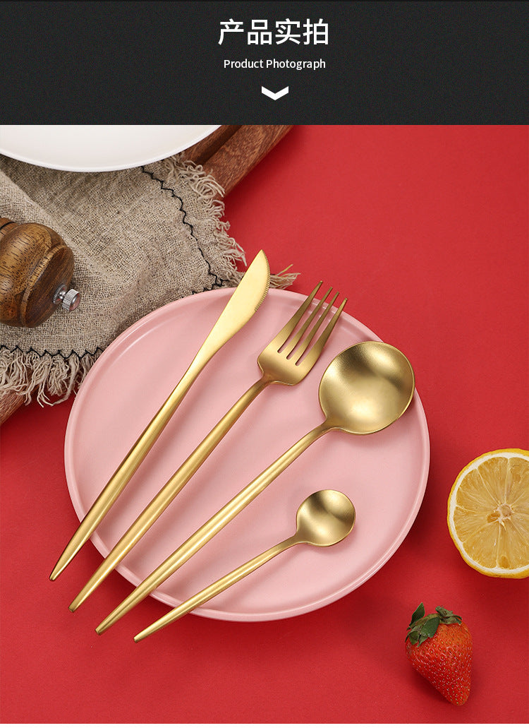 Cross-Border304Stainless Steel Portuguese Cutlery Set Knife Fork Spoon Round Handle Thick Western Cutlery Nordic Hotel Steak Knife
