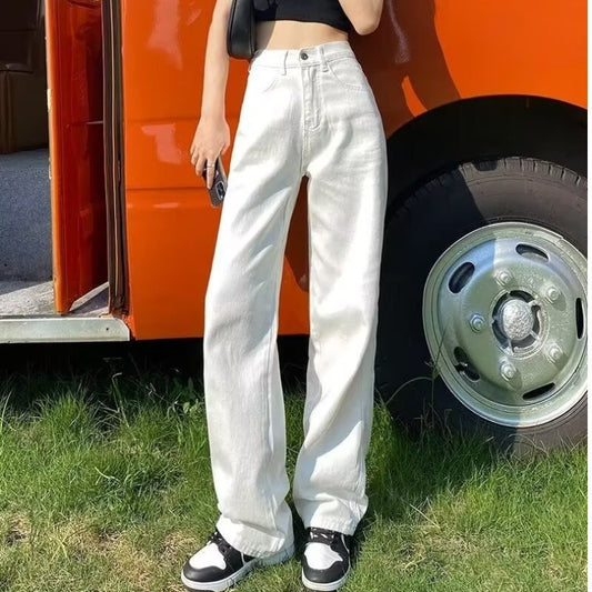 High Waist Loose Slimming Draped Floor-Length White Straight-Leg Jeans for Women Summer New Basic Wide-Leg Pants Trendy