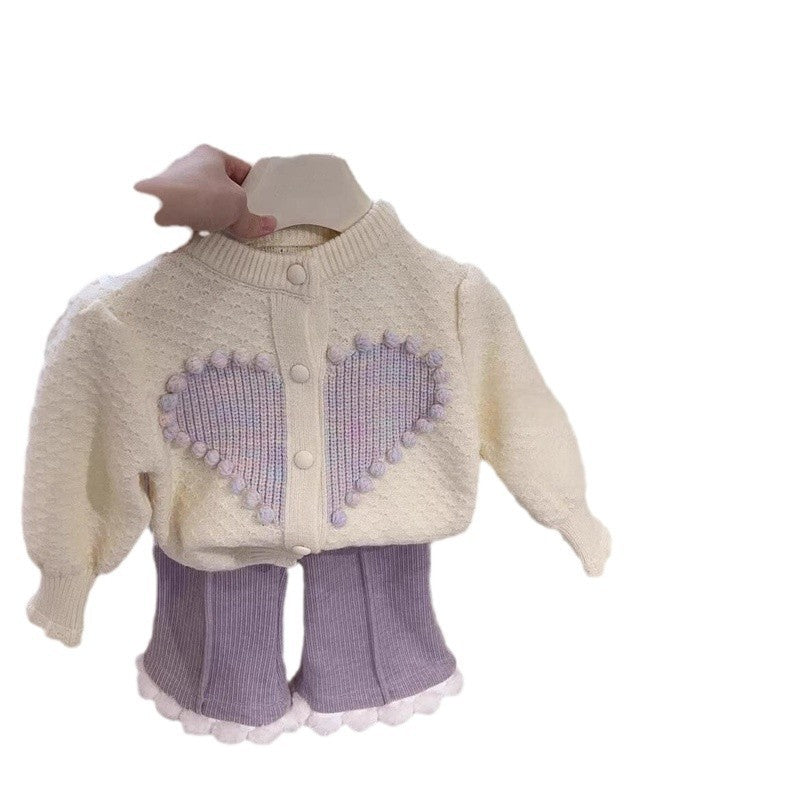 Girls Winter Two-Piece Set New Korean Fashion Baby Cardigan Knitted Autumn Winter Sweater Jacket Fleece-Lined Long Pants