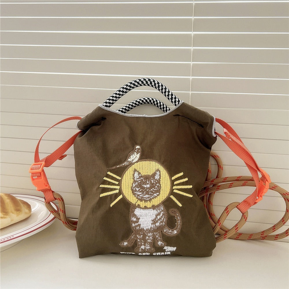 Japanese Style BallChain Same Style Eco-Friendly Embroidered Shopping Bag Nylon Fabric Floral Handheld Niche Fashion Shopping Bag