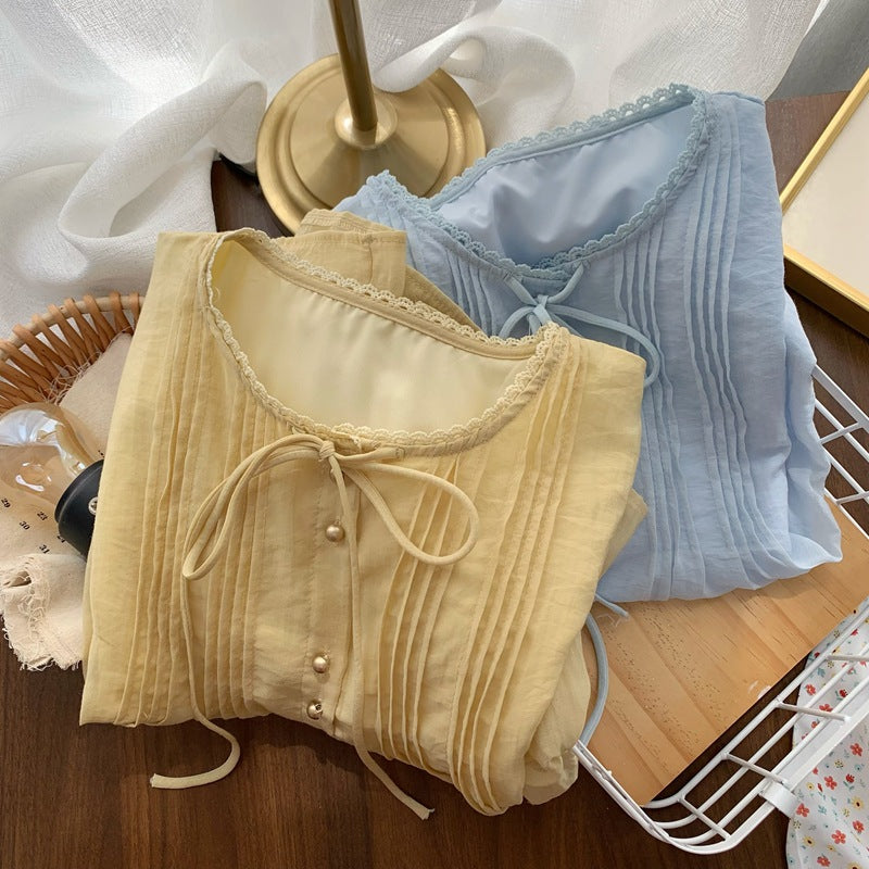 Real Shot◆Private Server Edition！French Style Round Neck Breathable Comfortable Light Pink Lace-Up Loose Shirt Chiffon Blouse