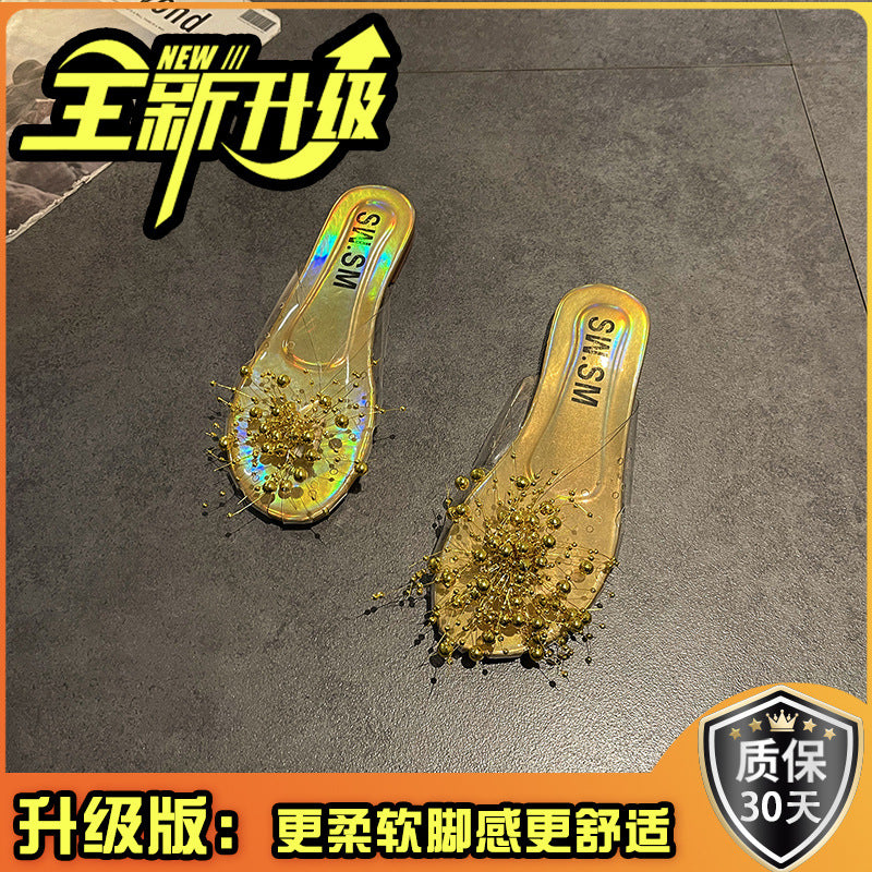Sparkling Silver Transparent Beaded Closed-Toe Mules for Women2024Summer Internet Celebrity Super Popular Sandals Slippers