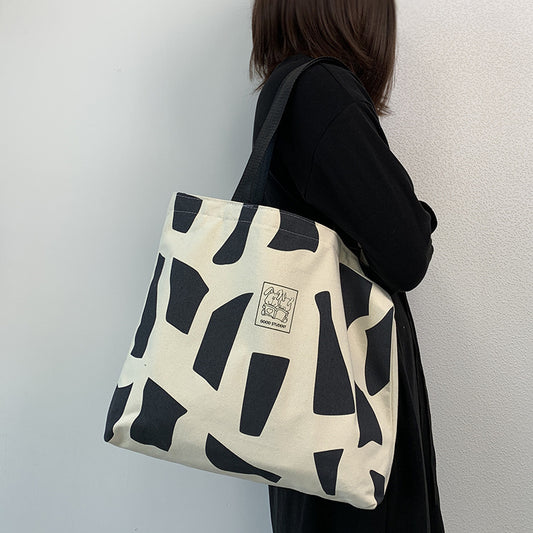 Canvas bag for women, single shoulder, suitable for college students to carry books ins Korean Style Zippered Artistic Design Handheld Canvas Bag
