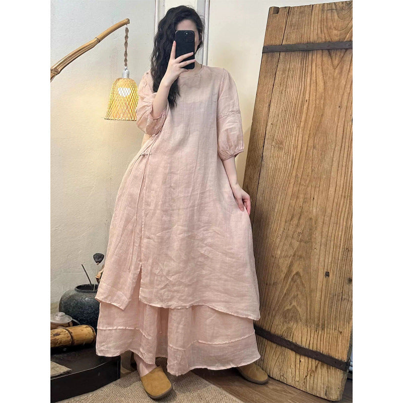 2025Summer New Retro Niche Pure Ramie Handmade Button Lace-up Light National Style Dress