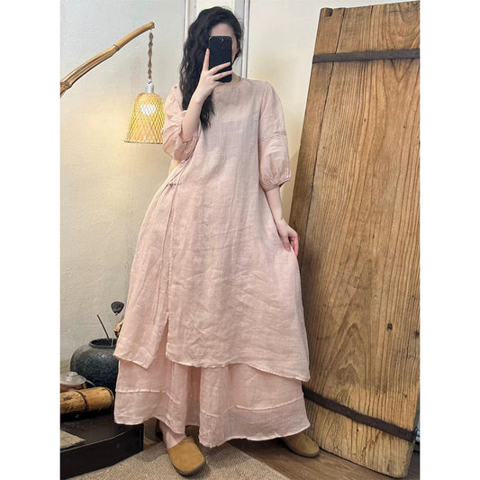 2025Summer New Retro Niche Pure Ramie Handmade Button Lace-up Light National Style Dress
