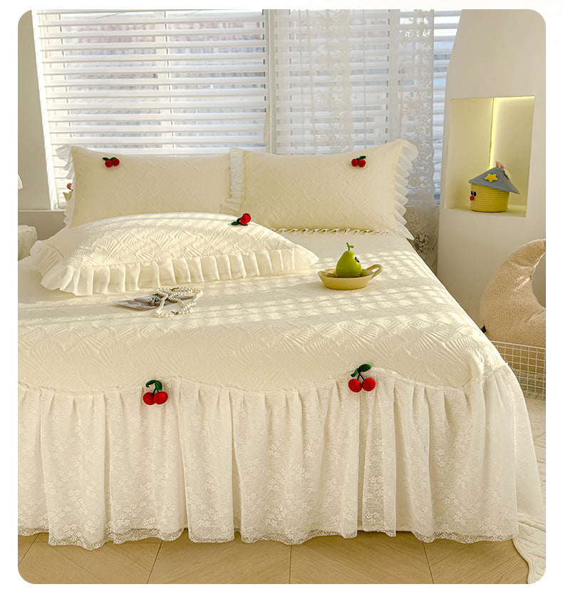 Summer Ice Silk Cooling Mat Lace Edge Cool Soft Mat Three-Piece Set Ethylene Fiber Ice Bean Mat Bed Skirt Style Bedding