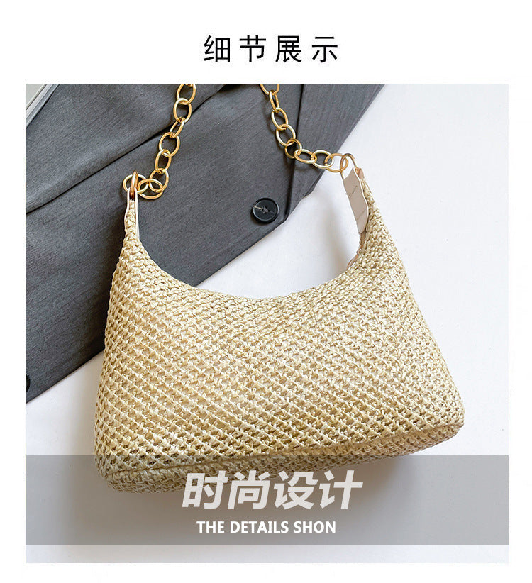 South Korea ins Vintage Woven Tote Bag Straw Bag Large Capacity Underarm Bag Shoulder Bag Vacation Style Beach Bag for Women
