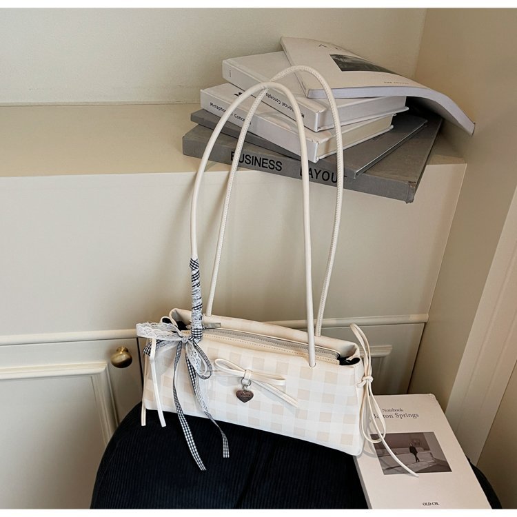 Dopamine Plaid Handbag Small Tote Bag for Women Summer2025New Ballet Style Bow Baguette Bag Underarm Bag Trendy