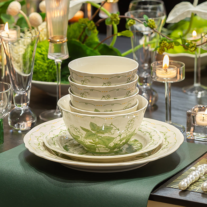 Lily of the Valley Bowl and Plate Set Household Ceramic Tableware Set Pastoral Style High-Value Underglaze Color Vegetable Plate Soup Plate Bowl and Chopsticks