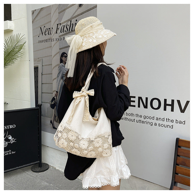 Design Summer Vacation Style Large Capacity Beach Bag Niche Lace Canvas Underarm Bag Women's Floral Single Shoulder Tote Bag