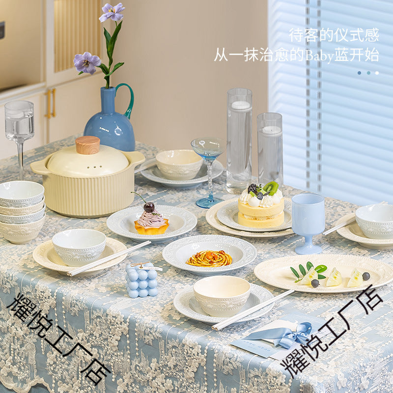 French Style Tableware Bowl and Plate Set for Home Use, High Aesthetic Value for Girls, Cute Ceramic Bowl Set, New Embossed Tableware