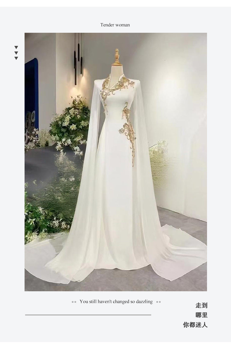 White evening dress with a high-end feel2025New Model Music Student Art Exam Vocal Performance Female Singer Folk Song Solo Performance Elegant