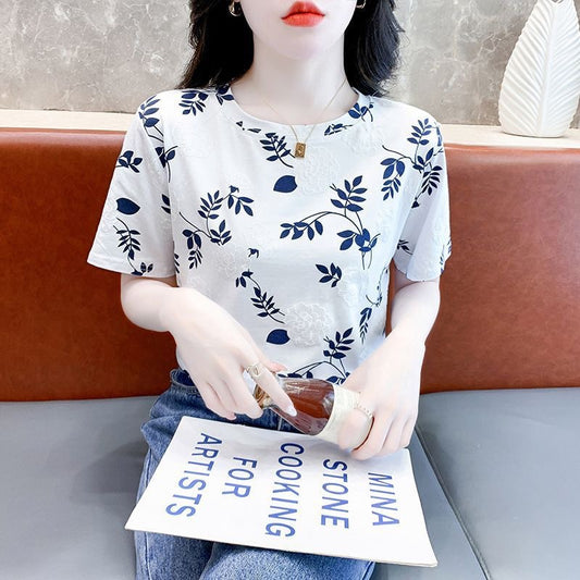 Cross-border new product milk silk round neck short-sleeved women's clothing T Floral Print Foam Base Shirt Loose Fit Women's Top