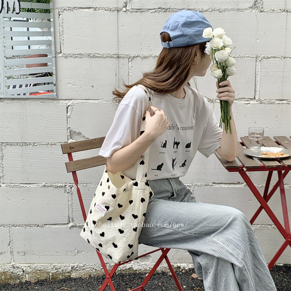 Little White Rabbit Desk New Textured Heart Canvas Single Shoulder Vest Bag Large Capacity Handbag for Women Underarm Small Win Shuo