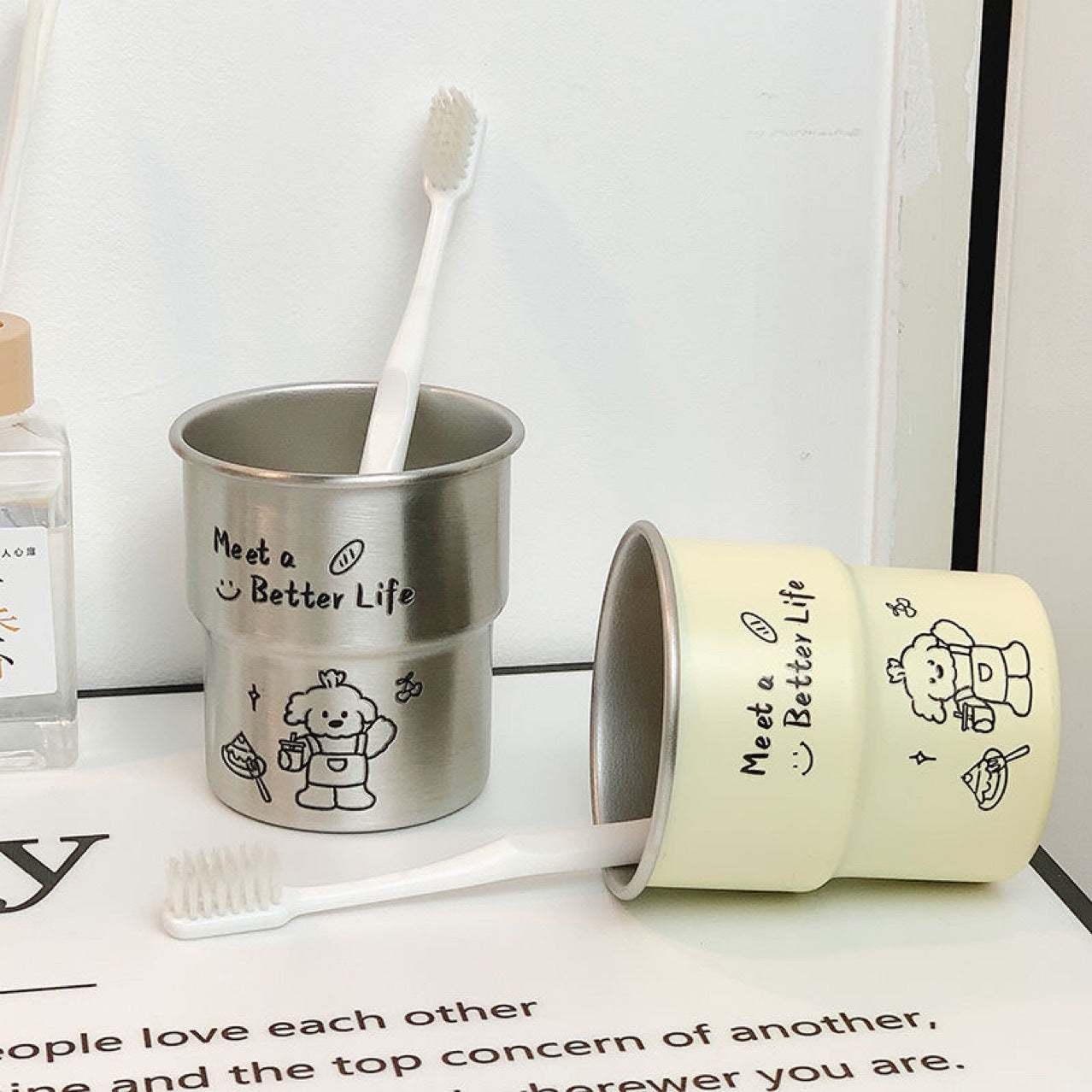 ins Cute Bichon Frise Dog Mouthwash Cup304Stainless Steel Step Simple High-Value Couple Toothbrush
