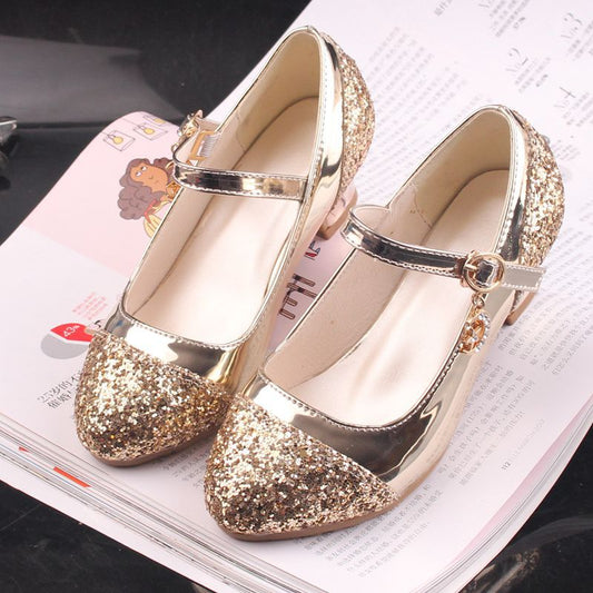 Girls' Leather Shoes Korean Style High Heel Princess Shoes Frozen Silver Children's Dance Shoes Elsa Shoes Summer