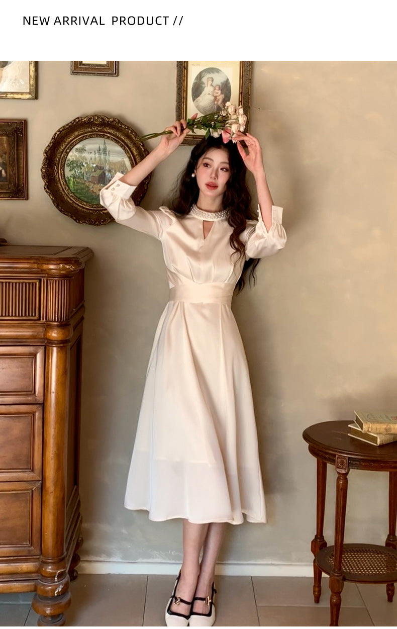 French A Line skirt2025Spring and Summer New Women's Long Sleeve Dress Waist Slimming Elegant Acetate Satin Long Dress