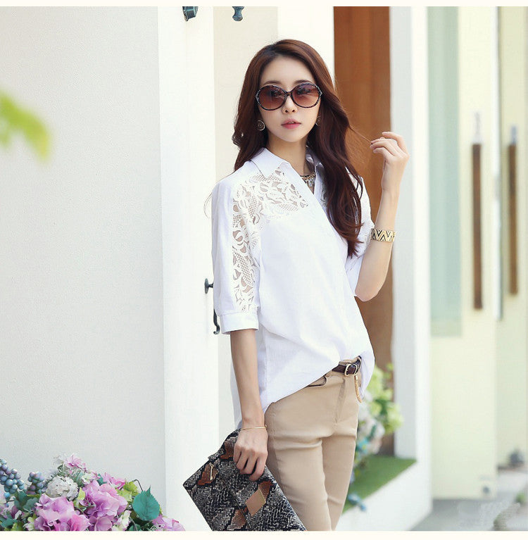 Foreign Trade Southeast Asia Plus Size Fat MM Chiffon Blouse Lace Blouse Loose Five-Quarter Sleeve Short Sleeve Shirt Southeast Asian Style