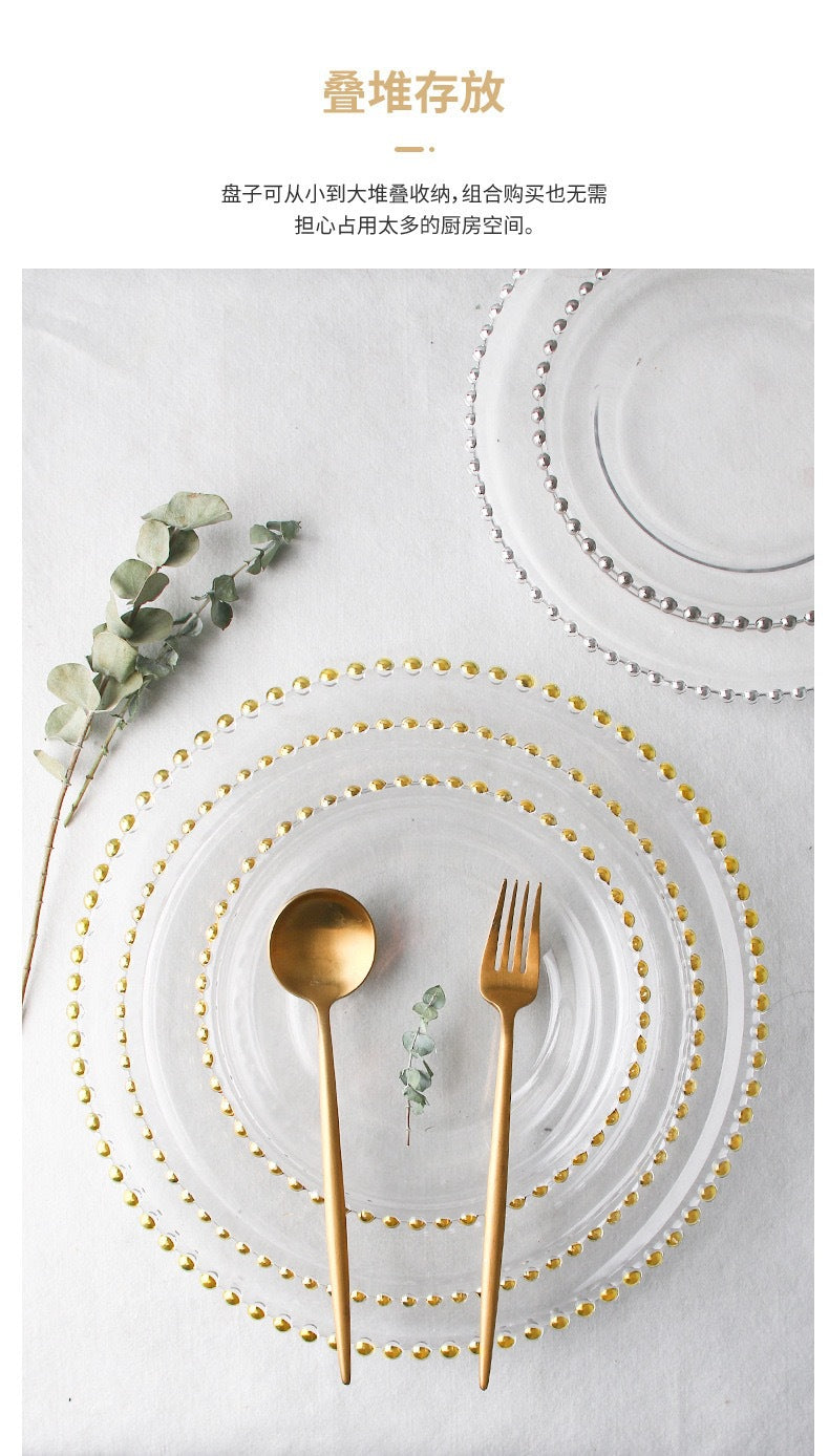 Nordic Gold-Plated Bead Plate Luxury Glass Electroplated Plate Round Pearl Western Steak Plate Silver Large Size Bead Plate