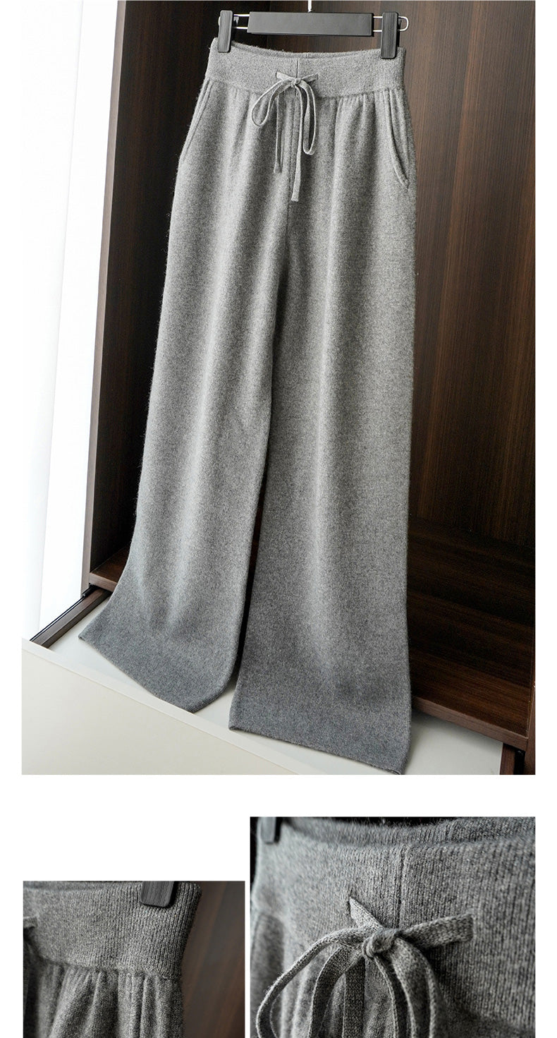 Autumn Winter Thickened Knitted Full Wool Wide-Leg Pants for Women Casual Cashmere High-Waist Draped Loose Straight-Leg Floor-Length Pants