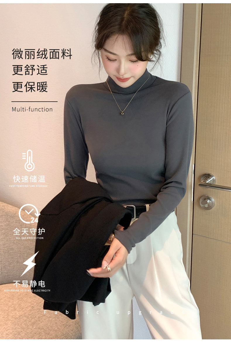 Half Turtleneck Double-Sided Thermal Base Shirt for Women, Spring and Autumn Style, Stylish Inner Wear, Solid Color, Fleece-Lined, Thickened, Warm Long-Sleeve Top