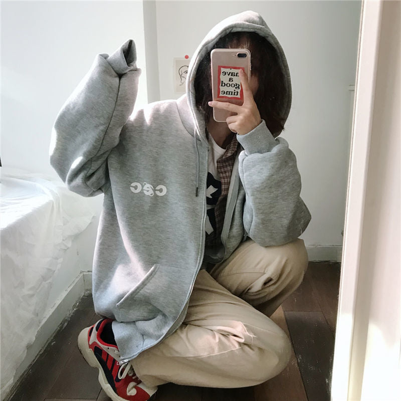 2025Autumn Winter New Couple Outfit Korean Style Printed Zipper Cardigan Hooded Fleece Sweatshirt Loose Fit Student Jacket for Women